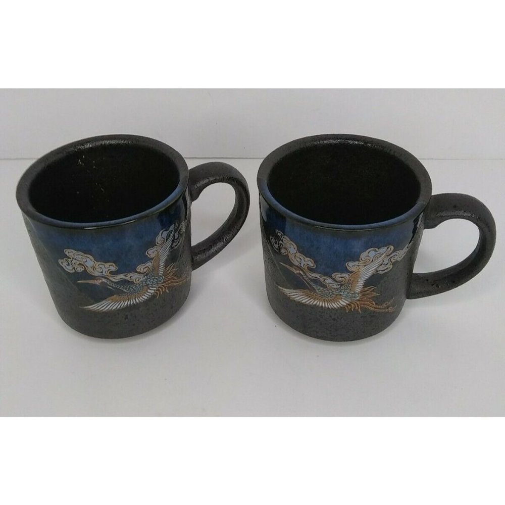 Two Japanese Flying Crane Black Tea/Coffee Mugs/Cups Pretty